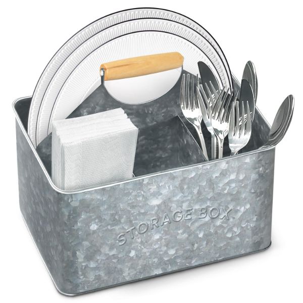 Plexon Silver Metal Caddy Table Utensil Caddy with Handle Galvanized Steel Utensil Holder for Party Metal Flatware Caddy Large Silverware Organizer Countertop for Kitchen Garden Patio Bathroom1