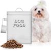 Plexon Dog Food Storage Container with Scoop, Metal Dog Food Container Holder Treat Bin with Lid Small Pet Chow Storage Canister Tin 1.5 Gallon, 7 lbs, White1