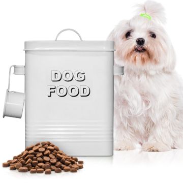 Plexon Dog Food Storage Container with Scoop, Metal Dog Food Container Holder Treat Bin with Lid Small Pet Chow Storage Canister Tin 1.5 Gallon, 7 lbs, White1