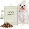 Plexon Dog Food Storage Container with Scoop, Metal Dog Food Container Holder Treat Bin with Lid Small Pet Chow Storage Canister Tin 1.5 Gallon, 7 lbs, Off-White1
