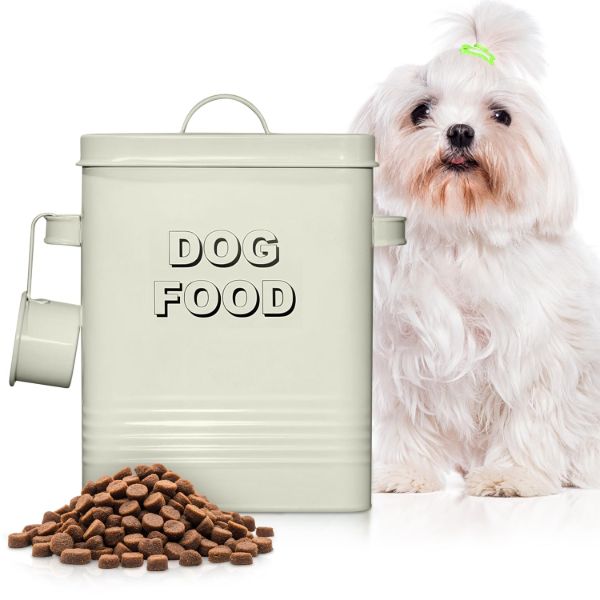 Plexon Dog Food Storage Container with Scoop, Metal Dog Food Container Holder Treat Bin with Lid Small Pet Chow Storage Canister Tin 1.5 Gallon, 7 lbs, Off-White1