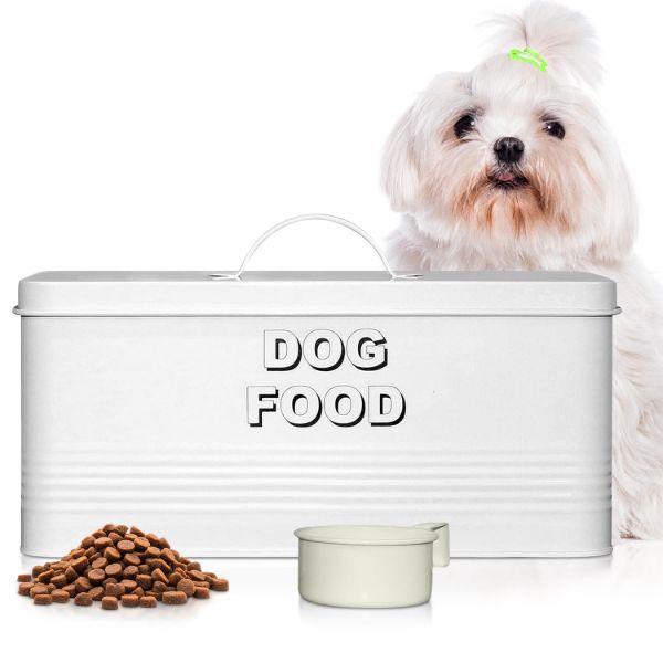 Plexon Dog Food Storage Container with Scoop, Metal Dog Food Container 10 lbs Holder Bin with Lid Small Pet Chow Storage Canister Tin, Treat Jars for Pets, 2 Gallons, White1