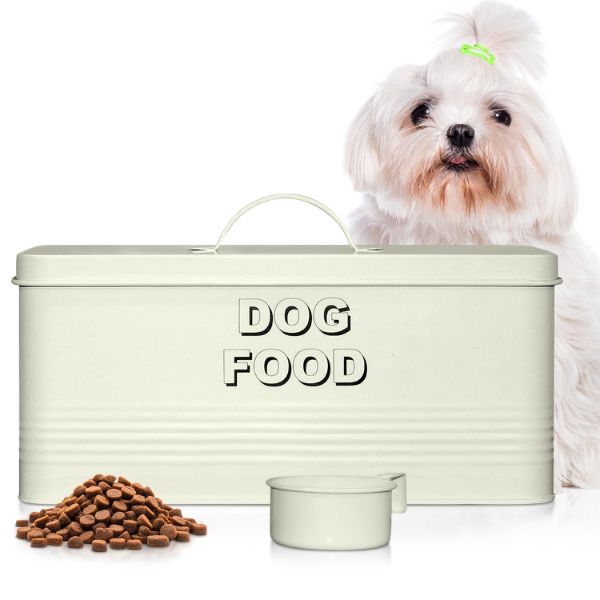 Plexon Dog Food Storage Container with Scoop, Metal Dog Food Container 10 lbs Holder Bin with Lid Small Pet Chow Storage Canister Tin, Treat Jars for Pets, 2 Gallons, Off-White1
