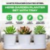 Plexon Herb Planter Indoor Garden Set of 3 with Tray, Metal Herb Pots for Indoor Plants, Round Kitchen Garden Kit Ideal for Windowsill Planter or Countertop, White Powder Coated3