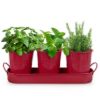 Plexon Herb Planter Indoor Garden Set of 3 with Tray, Metal Herb Pots for Indoor Plants, Round Kitchen Garden Kit Ideal for Windowsill Planter or Countertop, Red Powder Coated1