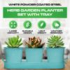 Plexon Herb Planter Indoor Garden Set of 3 with Tray, Metal Herb Pots for Indoor Plants, Round Kitchen Garden Kit Ideal for Windowsill Planter or Countertop, Aqua Mist Blue Powder Coated3