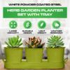 Plexon Herb Planter Indoor Garden Set of 3 with Tray, Metal Herb Pots for Indoor Plants, Round Kitchen Garden Kit Ideal for Windowsill Planter or Countertop, Green Powder Coated3