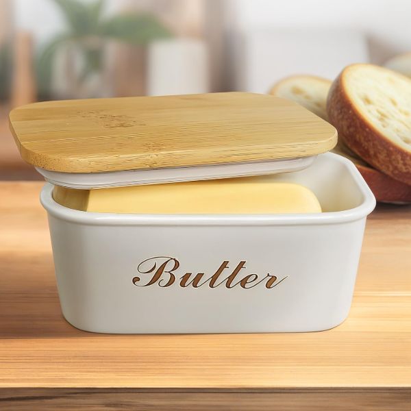 Plexon Off-white Farmhouse Butter Dish with Lid Bamboo, Metal Butter Dish, Butter Tub Holder, Airtight Container Keeper with Wood Cover for Refrigerator, Covered1