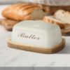 Plexon Off-White Farmhouse Butter Dish with Lid, Bamboo Butter Plate, Airtight Galvanized Steel & Bamboo, White, Rectangular, Has Lid1