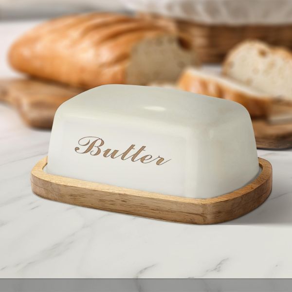 Plexon Off-White Farmhouse Butter Dish with Lid, Bamboo Butter Plate, Airtight Galvanized Steel & Bamboo, White, Rectangular, Has Lid1