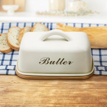 Plexon Off-white Butter Dish with Handle, Covered Butter Dish, Metal Airtight with Lid and Handle, Cute Counter Butter Keeper, Galvanized Steel Butter Counter Holder, Bamboo Butter Tray with Lid1