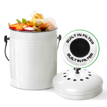 Plexon Countertop Compost Bin with Lid, White 1.5 Gallon Odorless Kitchen Compost Container, Steel Food Compost Bucket for Kitchen with Charcoal Filter, Compost Pail for Kitchen Countertop1