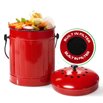 Plexon Countertop Compost Bin with Lid, Red 1.5 Gallon Odorless Kitchen Compost Container, Steel Food Compost Bucket for Kitchen with Charcoal Filter, Compost Pail for Kitchen Countertop1