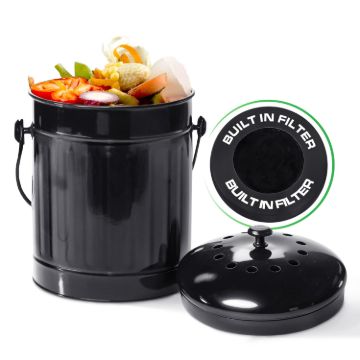 Plexon Countertop Compost Bin with Lid, Black 1.5 Gallon Odorless Kitchen Compost Container, Steel Food Compost Bucket for Kitchen with Charcoal Filter, Compost Pail for Kitchen Countertop1