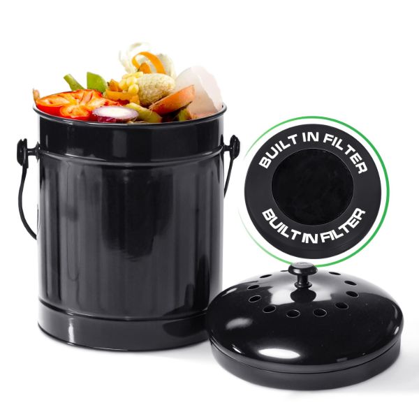 Plexon Countertop Compost Bin with Lid, Black 1.5 Gallon Odorless Kitchen Compost Container, Steel Food Compost Bucket for Kitchen with Charcoal Filter, Compost Pail for Kitchen Countertop1