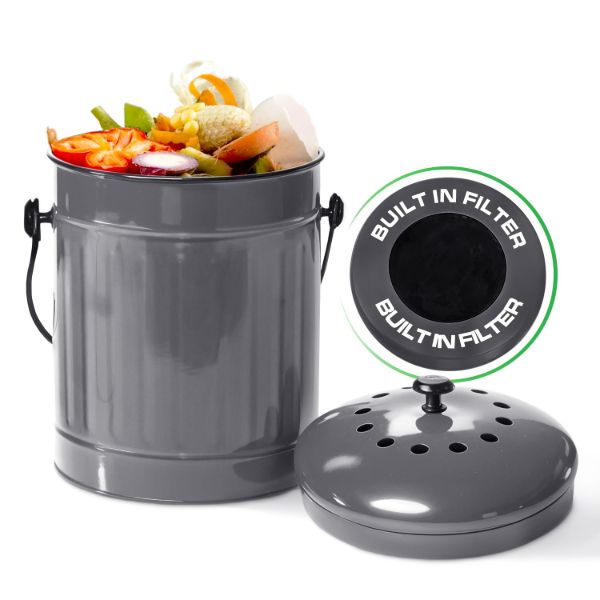Plexon Countertop Compost Bin with Lid, Gray 1.5 Gallon Odorless Kitchen Compost Container, Steel Food Compost Bucket for Kitchen with Charcoal Filter, Compost Pail for Kitchen Countertop1