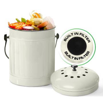 Plexon Countertop Compost Bin with Lid, Off-White 1.5 Gallon Odorless Kitchen Compost Container, Steel Food Compost Bucket for Kitchen with Charcoal Filter, Compost Pail for Kitchen Countertop1