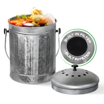 Plexon Countertop Compost Bin with Lid, Silver 1.5 Gallon Odorless Kitchen Compost Container, Steel Food Bucket Pail for Kitchen with Charcoal Filter, Silver1