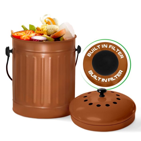 Plexon Countertop Compost Bin with Lid, Copper 1.5 Gallon Odorless Kitchen Compost Container, Steel Food Bucket Pail for Kitchen with Charcoal Filter, Bronze1