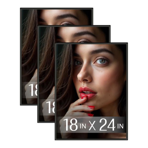 Plexon 18x24 Poster Frame Black, Horizontal or Vertical Wall, Set of 3 Poster Frames 18 x 24, Puzzle Picture Hanging, Durable Poster 24x18 Frame Front Polished Plexiglass, Wall Gallery Frame Kit1