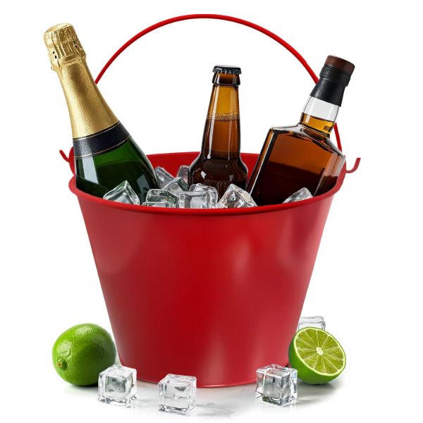 PLEXON Galvanized Metal Ice Bucket for Parties Coctail Bar Restaurant - Drink Beer Champagne Bucket with Handle, Beverage Chiller Cooler Small 1.3 Gallon, Red1