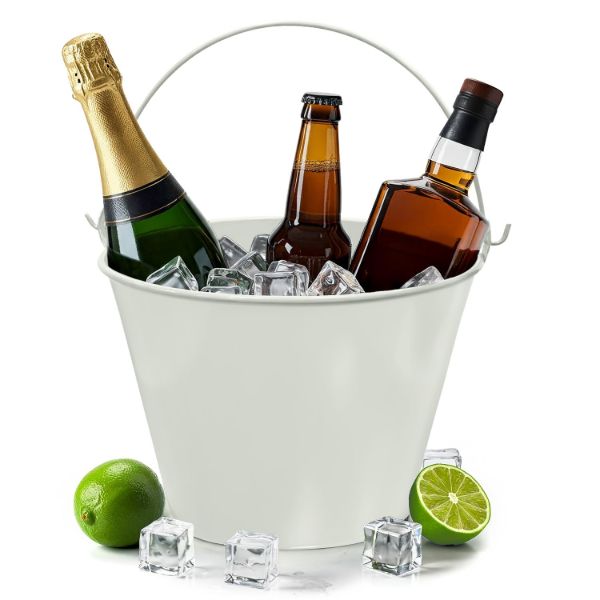PLEXON Galvanized Metal Ice Bucket for Parties Coctail Bar Restaurant - Drink Beer Champagne Metal Pail Bucket with Handle, Beverage Chiller Cooler Small 1.3 Gallon, Off-White1