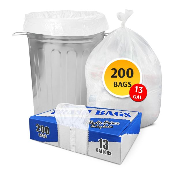 PLASTIC PRINCE (200 Pack) 13 Gallon Trash Bags, 12-16 Gallon White Kitchen Bags, 1.5 Mil, Heavy Duty, Fits Round and Square 12-16 gal Trash Cans, 24" x 31" Garbage Trash Can Liners1