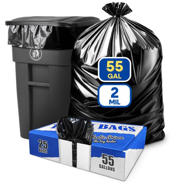 PLASTIC PRINCE 55-60 Gallon Trash Bags 2 Mil Heavy Duty Fits Rubbermaid Brute Rollout Round Square 32-55 gal Trash Cans 43" x 47" Large Durable Garbage Trash Can Liners, Black 25 of Pack1