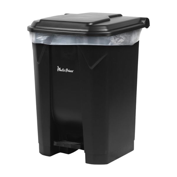 PLASTIC PRINCE 14 Gallon Step-On Trash Can/Container, Black Plastic Dustbin with Lid and Foot Pedal, Hands-Free Disposal1
