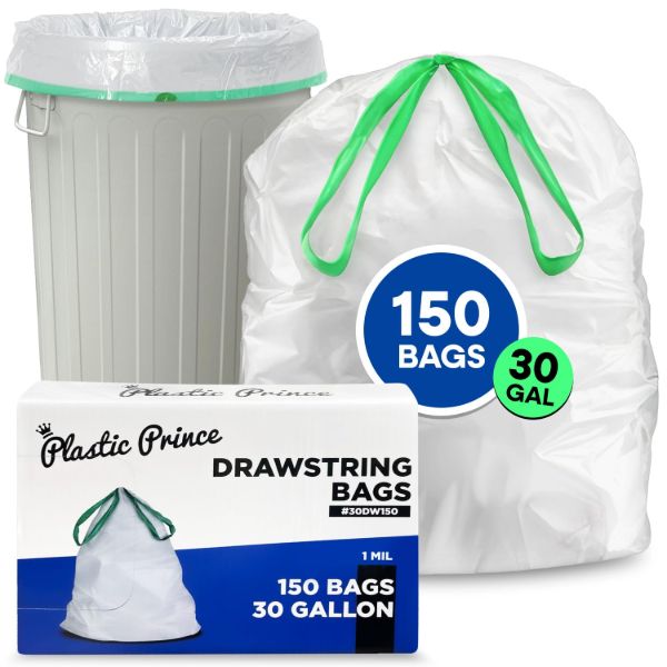 PLASTIC PRINCE 30 Gallon Trash Bags Drawstring White Garbage Bags 30 gallon 30" x 33" Trash Can Liners 1 Mil, Pack of 1501