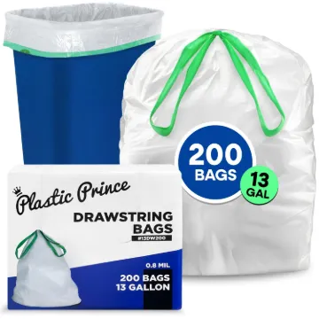 PLASTIC PRINCE Trash Drawstring Garbage Bags - 200 Count (White) 0.8 Mil, 13 Gallon1