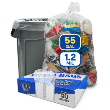 PLASTIC PRINCE 55 Gallon Trash Bags Large Clear Garbage Bags for Rubbermaid Brute 44-55 Gallon Trash Cans 38 x 58 Recycling Trash Can Liners 1.2 Mil, Pack of 1001
