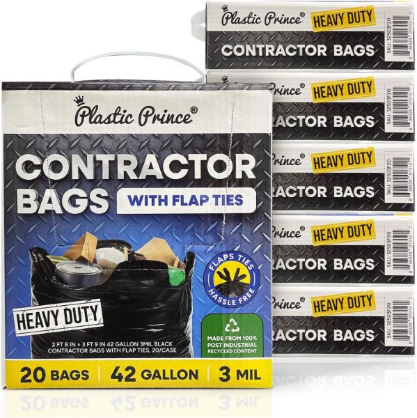 Plastic Prince 32'' x 45'' 42 Gallon 3Mil Black Contractor Bags with Flap Ties, 20/Case1
