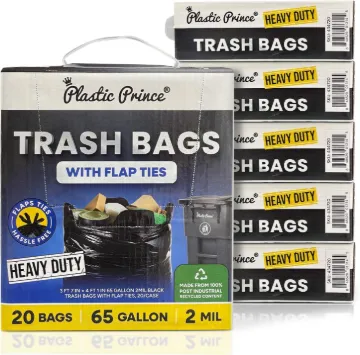 Plastic Prince 43'' x 49'' 65 Gallon 2Mil Black Trash Bags with Flap Ties, 20/Box, 120/Case1