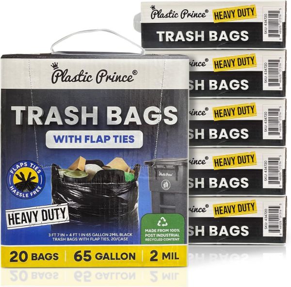 Plastic Prince 43'' x 49'' 65 Gallon 2Mil Black Trash Bags with Flap Ties, 20/Box, 120/Case1