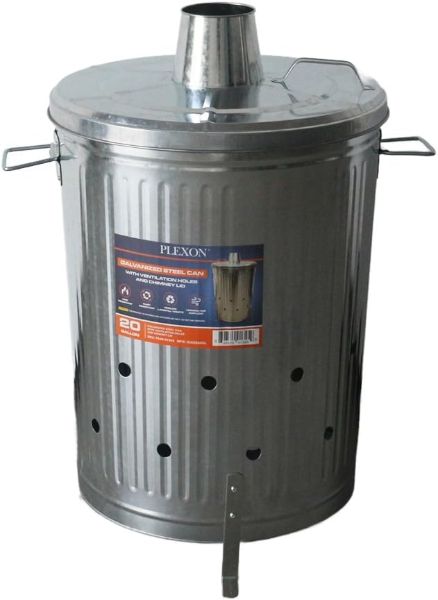  Plexon Metal Compost Bin Outdoor Burn Bin - Galvanized Trash Can with Lid Chimney and Vent Holes - Trash Burning Container Composter Incinerator for Garbage, 20 Gallon (Chimney Lid and Vent Holes)1